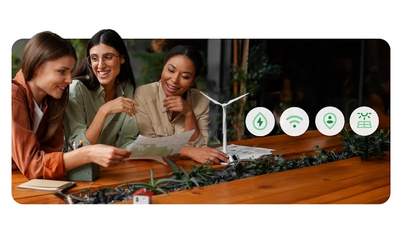 Mãos segurando uma muda de planta, ao lado de ícones que remetem a; energia renovável, wi-fi, energia solar e localização.