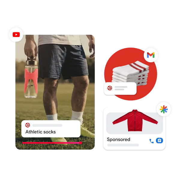 Sponsored ad placements for athletic wear across YouTube, Gmail, and Google search, featuring a water bottle, socks, and a red track jacket.