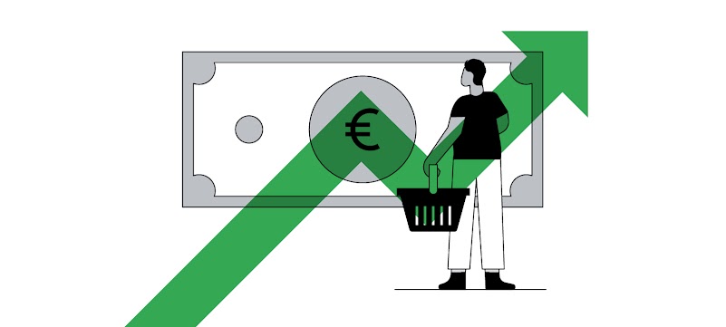 Illustration montrant un individu qui tient un panier de courses et examine un billet de banque d'un montant élevé. Une flèche verte est superposée à l'illustration, indiquant que la personne réfléchit à l'augmentation des prix.