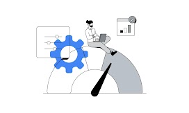 A man with a beard sits on a life-size gauge with a blue gear overlay. The needle on the gauge tilts rightward. A bar chart and three sliding scales float adjacent. To the left, title reads: “Download our modern measurement playbook.”