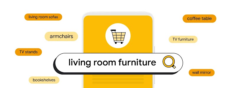A smartphone with a shopping cart icon with a big search bar over it that reads "living room furniture". Surrounding the search bar are queries for different furniture categories, such as armchairs, coffee tables, and TV stands