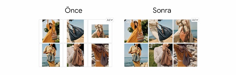 Altı resimden oluşan iki galeride Google Ads'in makine öğrenimi araçlarının ürün fotoğraflarınızı mevcut alana uyacak şekilde nasıl optimize edebildiğini gösteriyor. Önce: Fotoğrafların boyutları ve biçimleri tutarsız. Sonra: Fotoğraflar galeriye uyacak ş
