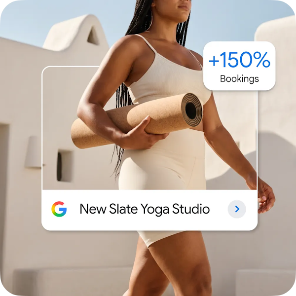 A woman carrying a yoga mat; a Google Search bar displays "New Slate Yoga Studio" next to a "+150% Bookings" growth badge.