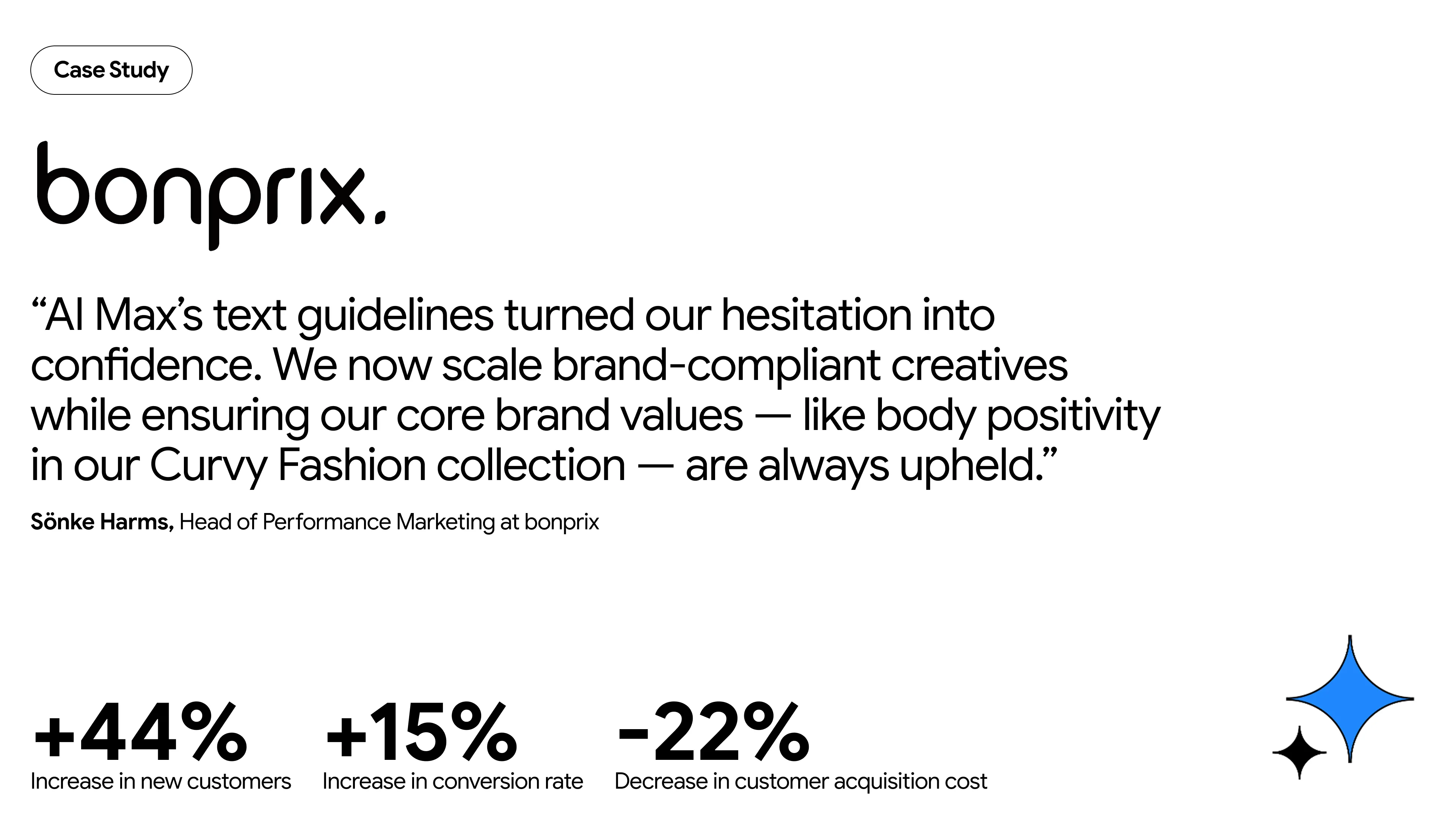 A graphic that highlights a customer quote from bonprix, sharing their experiences using text guidelines in AI Max.