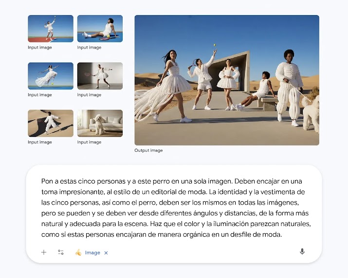 Para generar la imagen con IA, se combinan una serie de imágenes de entrada de un caniche blanco, personas vestidas de blanco jugando al tenis y una petición detallada sobre un "impresionante editorial de moda" con "iluminación natural". 