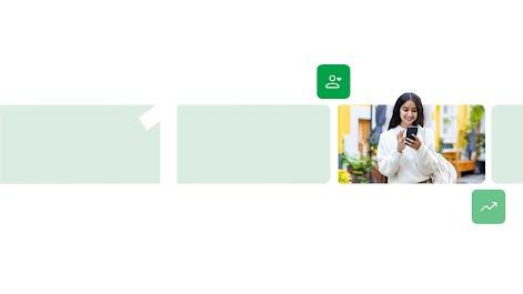 A woman in a white sweater smiles while browsing on her phone with a user icon and upward trending arrow around her, suggesting how brands can follow Google’s AI retail guide to connect with customers along their path to purchase to drive profit.