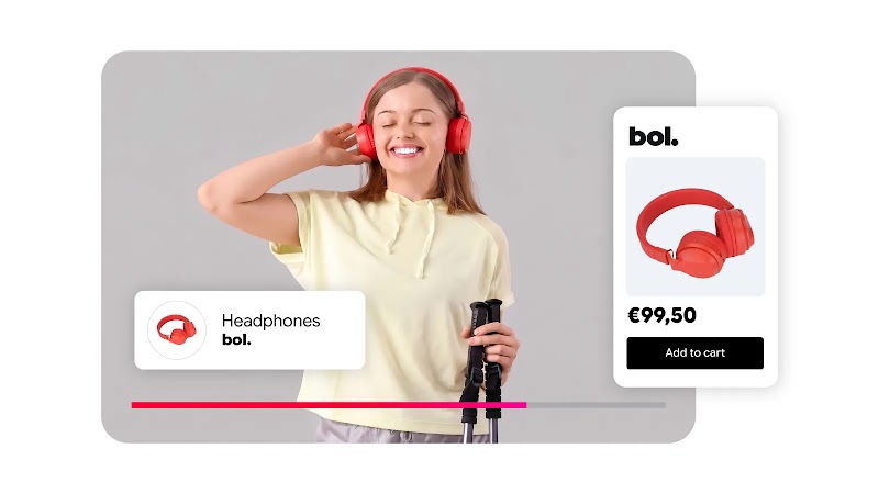 Smiling woman wearing red headphones and holding hiking poles, overlaid with e-commerce cards reading "Headphones bol." and "bol. €99,50 Add to cart".
