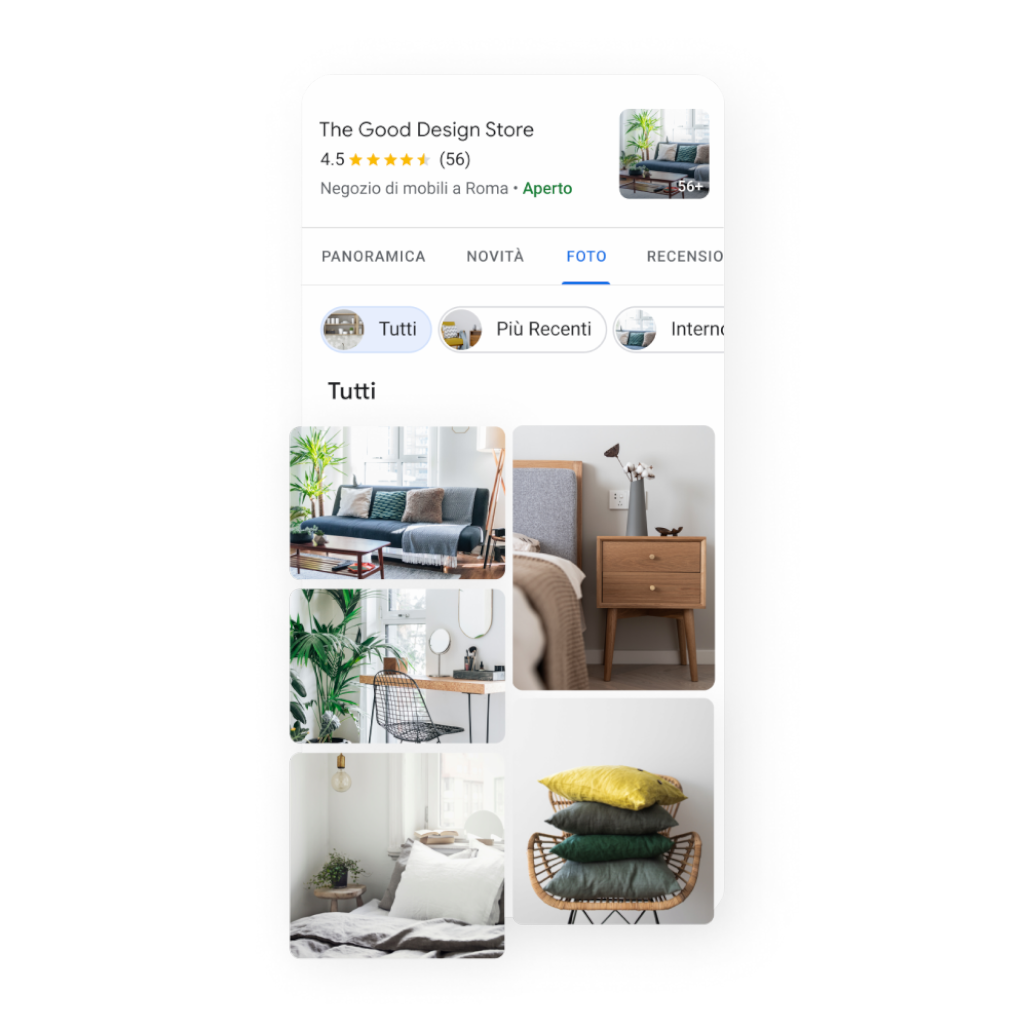 Immagine del profilo di un'attività che ritrae la vista "Vedi i prodotti disponibili in negozio", con alcuni oggetti d'arte e sotto alcune domande e risposte