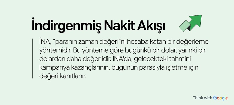 İndirgenmiş Nakit Akışı, paranın zaman değerini hesaba katan bir değerleme yöntemidir. Bu yönteme göre bugünkü bir dolar, yarınki bir dolardan daha değerlidir. Gelecekteki tahmini kampanya kazançlarının, bugünün parasıyla değerini kanıtlar.