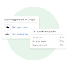 Two user interface modules: One shows a table in Merchant Center where users learn which of their products are top sellers. The other displays a list of that user's top audience segments.
