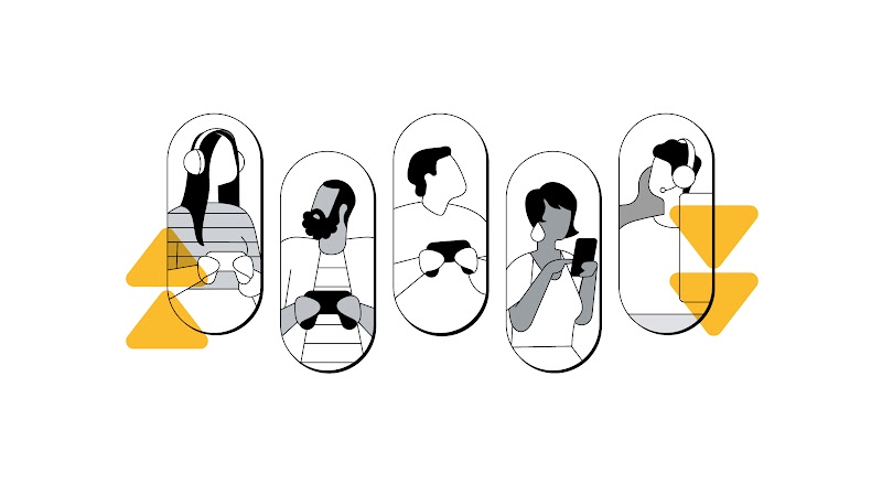 Há cinco janelas, cada uma com uma pessoa diferente. As três primeiras seguram um controle de videogame, outra está em um celular, e o quinto está com um headphone e usa um computador.