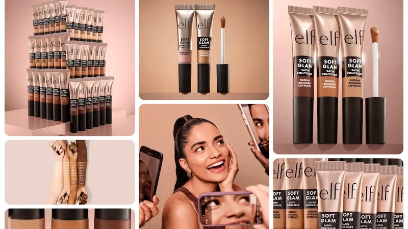 A collage of product photos for e.l.f. Cosmetics Soft Glam Satin concealer in tube-style bottles with a wand cap. The center photo shows an influencer modeling the makeup, surrounded by phone cameras trained on her face.