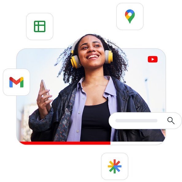 إعلان فيديو عن سماعات هاتف محاط برموز منتجات Google المختلفة لتمثّل مدى وصول "حملات الأداء الأفضل" إلى الجمهور