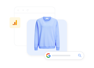 カスタマー ジャーニーの2 つ目のステップで、Google アナリティクス から明確なメトリクスとインサイトが得られる様子を示すイラスト。
