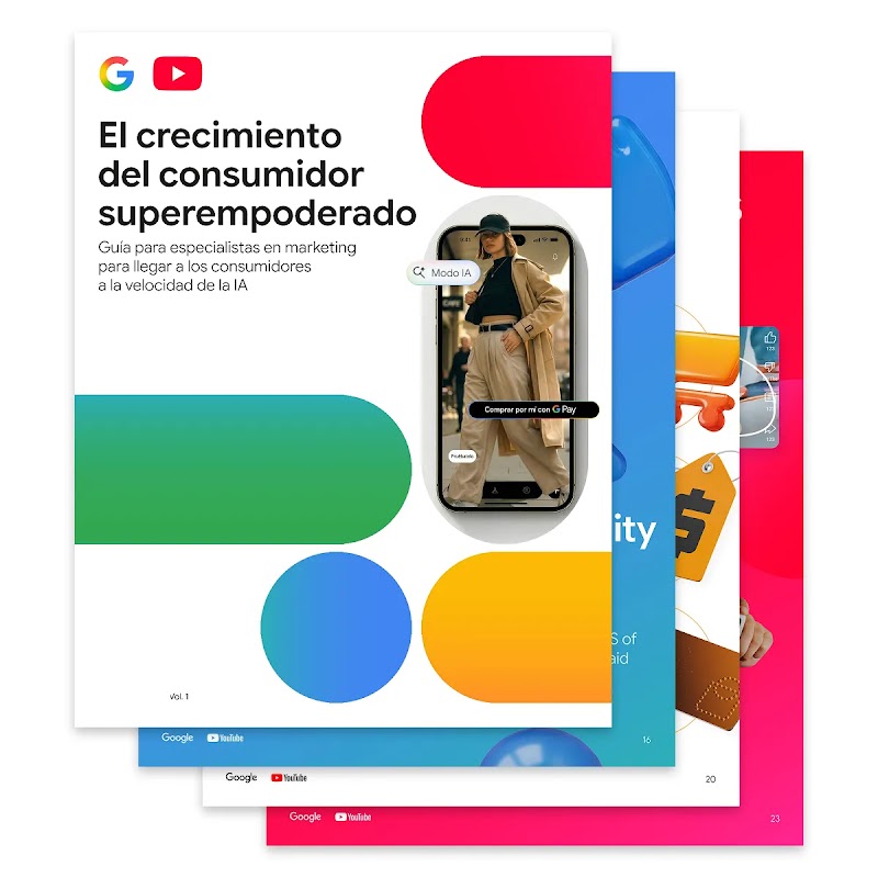 La portada de “El crecimiento del consumidor superempoderado” tiene los logotipos de Google y YouTube sobre el título, y está decorada con formas de cápsulas en colores primarios.