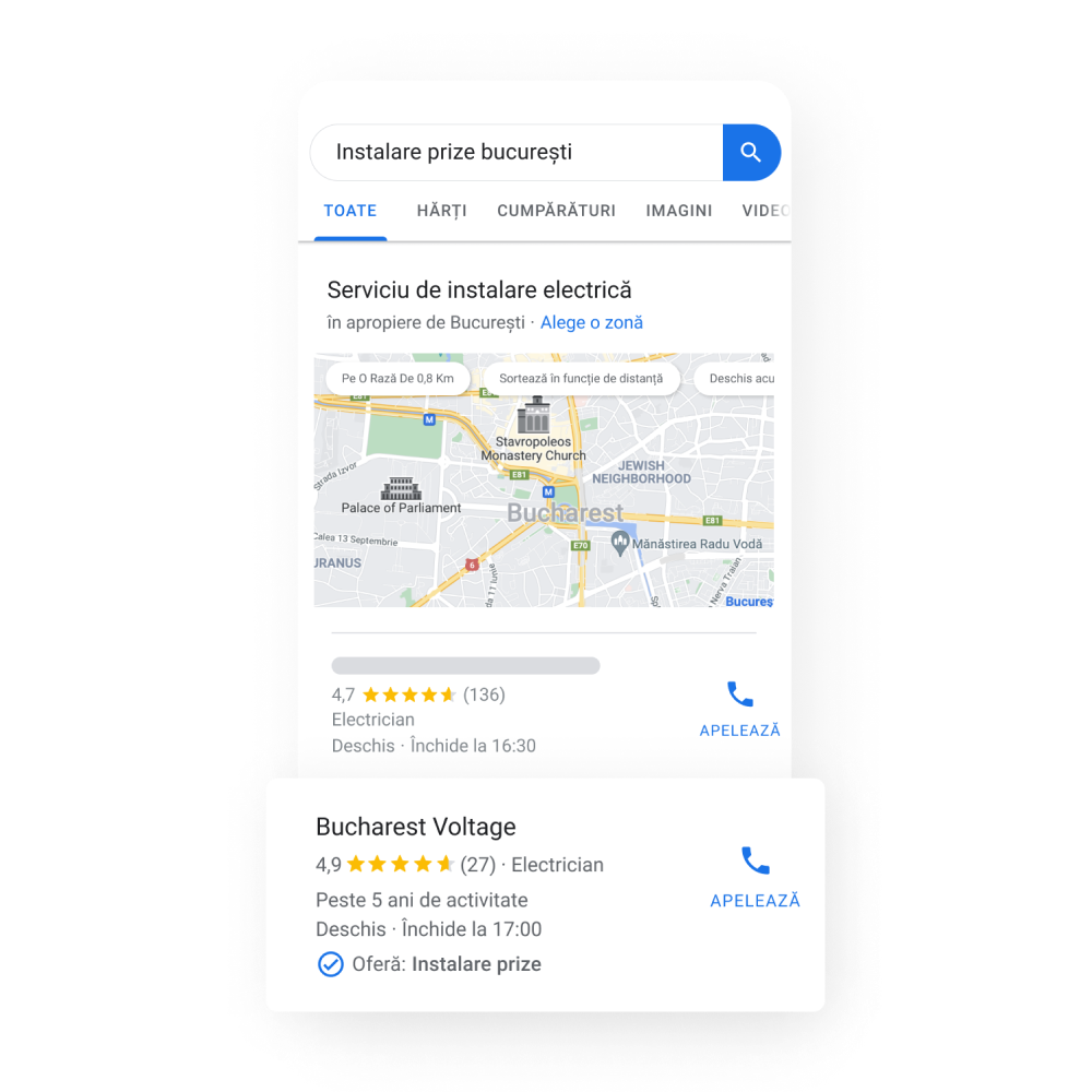 Imagine cu Profilul de companie pentru Servicii în Căutare Google cu o hartă, iar dedesubt ies în evidență datele de conectare ale companiei cum ar fi: recenzii cu stele și de cât timp își desfășoară activitatea