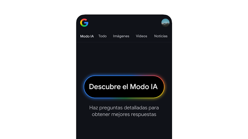 Imagen de la pantalla de un teléfono sobre un fondo blanco, con el texto "Haz preguntas detalladas para obtener mejores respuestas" en el centro.