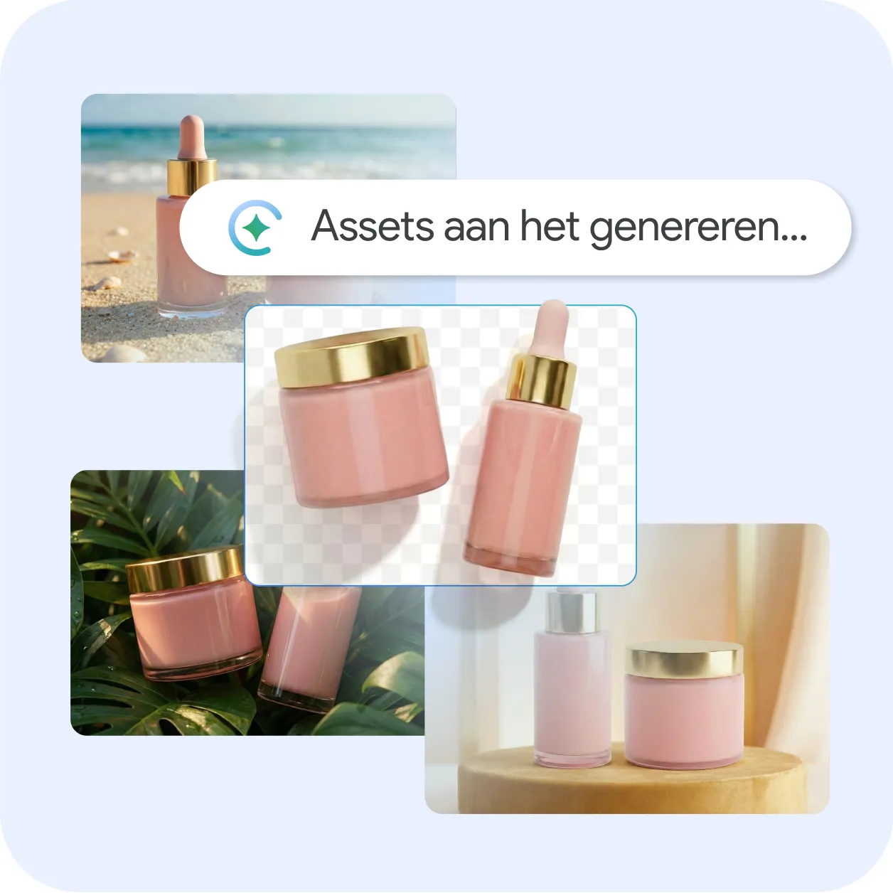 Grafische weergave van een AI-workflow voor het genereren van afbeeldingen. Een voortgangsballon met een fonkel-icoon bevat de tekst "Assets aan het genereren...", geplaatst over verschillende gestileerde achtergronden voor productfotografie van een roze huidverzorgingslijn.