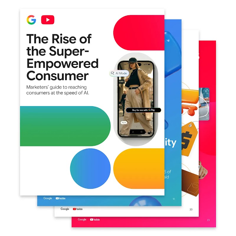 The cover of “The Rise of Super-Empowered Consumer” has Google and YouTube logos above the title, and is decorated with capsule shapes in primary colors.