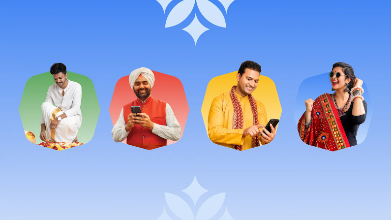 Four Indian shoppers in festive attire browse phones amid diya offerings and traditional dress - introducing the inspired, immersive, instant, and intelligent shopper forces shaping AI commerce and festive advertising in India.