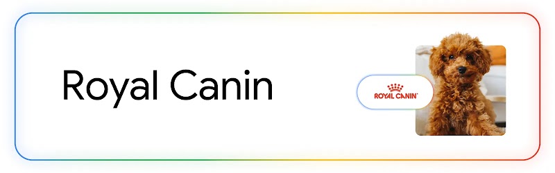 The name of pet-food brand Royal Canin appears next to the Royal Canin crown logo and a puppy with fluffy light brown fur. A rainbow-colored line borders the image.
