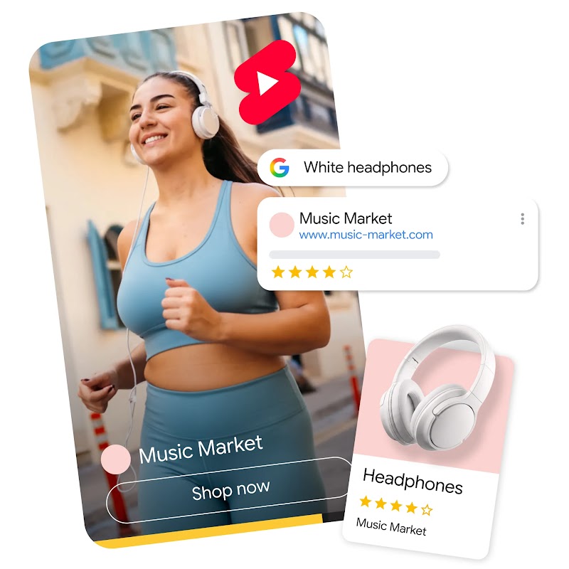 A graphic illustrating a YouTube Shorts shopping experience. On the left, a woman in blue athletic wear jogs outdoors while wearing white over-ear headphones. Floating UI elements on the right show a Google search for 'White headphones' and a Search ad from 'Music Market' with a 4-star rating, showcasing the headphones for sale.