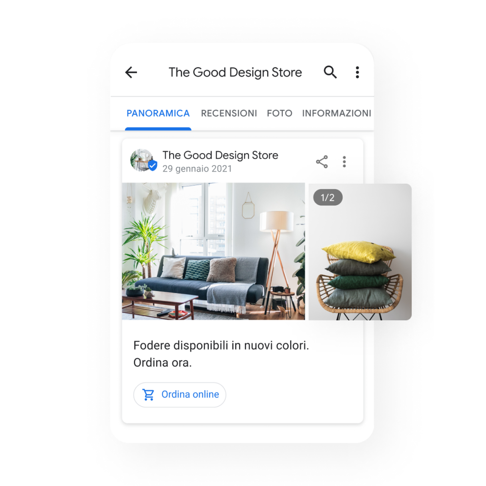 Immagine del profilo di un'attività con un post che promuove offerte speciali, eventi e aggiornamenti. Nel post, immagine di cuscini in un soggiorno e su una sedia. Testo del post: Nuovi colori di federe disponibili.  Ordina subito.