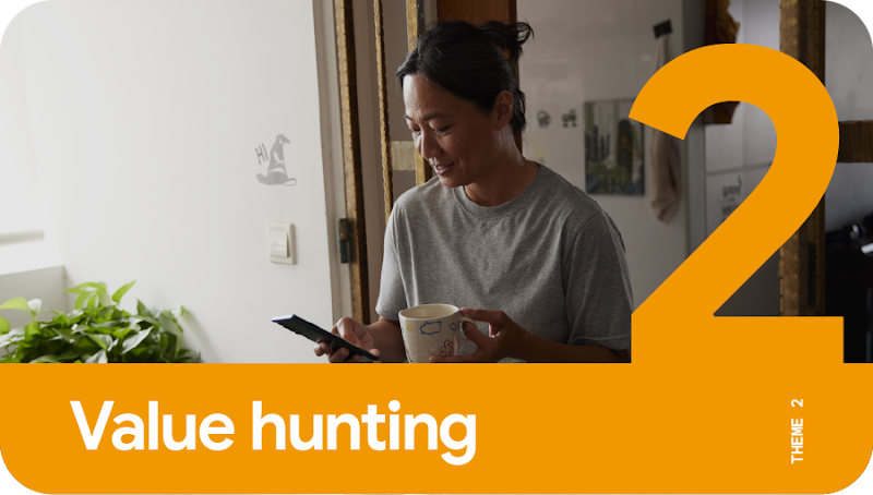 Theme 2: Value hunting. A middle-aged woman uses her phone at home to help her make purchase decisions.