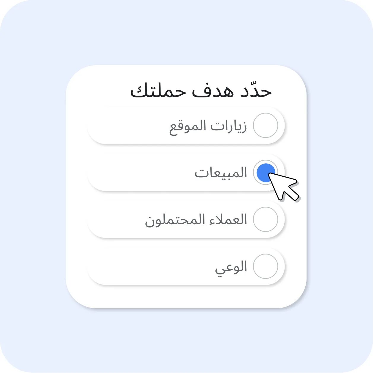 واجهة مستخدم على شكل بطاقة بعنوان "حدّد هدف حملتك" تعرض أربعة خيارات: "زيارات الموقع"، و"المبيعات"، و"العملاء المحتملون"، و"الوعي". تم اختيار خيار "المبيعات" بزر اختيار أزرق، ويظهر مؤشر الفأرة وهو ينقر عليه.