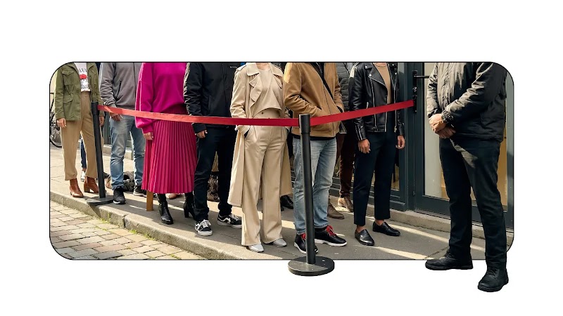 A photo shows a queue of people wanting to get in somewhere (visualising “demand”), but there is a security guard and a barrier preventing entry (visualising “capped demand”).   