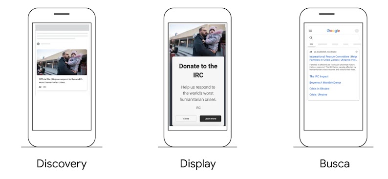 Três imagens mobile, cada um apresentando Discovery, Display e Search.