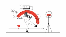 A cena ilustra os bastidores da criação de um vídeo. No centro, uma mulher negra de cabelos trançados se movimenta em frente à câmera do celular, que está em um tripé. Na imagem, há ícones representando conexão, interações e criatividade.