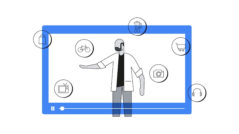 Em uma tela de vídeo com moldura azul, há um homem de barba em pé e aponta produtos em oferta. Ao redor dele, em círculos, há ícones de bicicleta, liquidificador, carrinho de compras, câmera, fones de ouvido, TV e sacola.