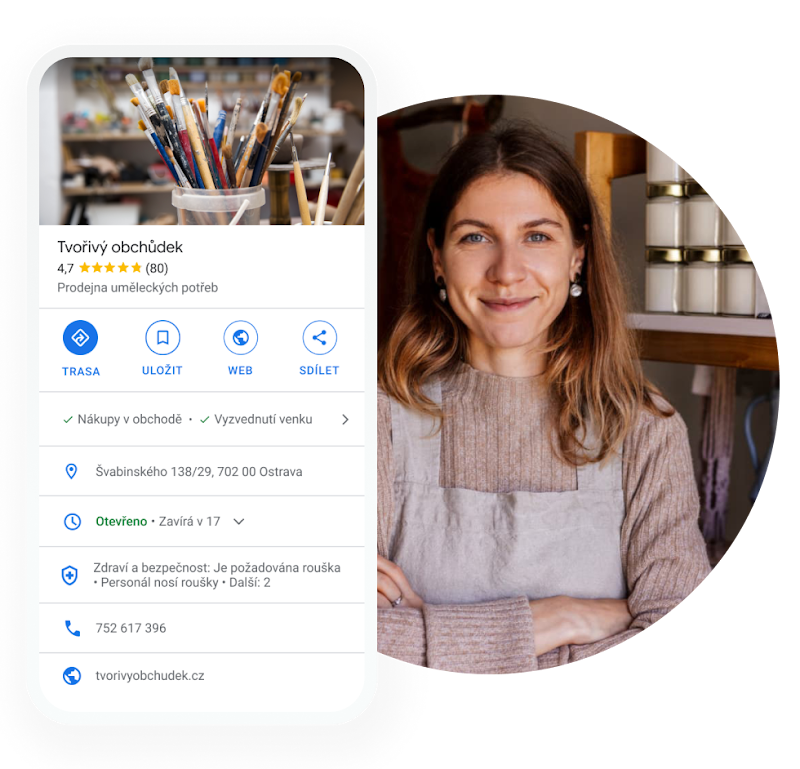 Obrázek Firemního profilu obchodu v mobilu, na kterém je název obchodu, adresa, otevírací doba, bezpečnostní a zdravotní doporučení, telefon a adresa webu.