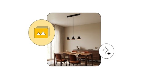 Modernes, minimalistisches Esszimmer mit Holztisch und einer dreiflammigen schwarzen Pendelleuchte. Das Bild ist grafisch eingefasst und wird von einem Foto-Stapel-Icon und einem Funkel-Symbol flankiert.