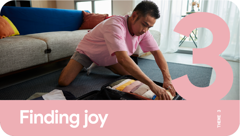 Theme 3: Finding joy. A man packing his luggage at home as he prepares to travel.