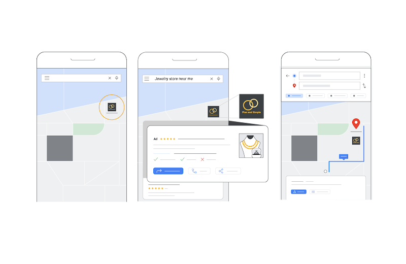 Établissement local sur Google Maps, Annonce Local Services pour une bijouterie sur Google Maps incluant l'adresse du magasin, Établissement local sur Google Maps incluant l'itinéraire