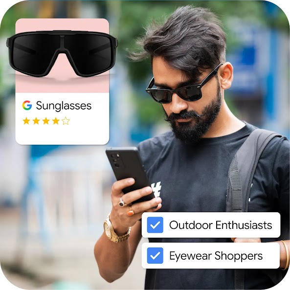 A man wearing sunglasses using a smartphone with an overlay showing a Google ad result for sunglasses product and target audience categories for outdoor enthusiasts and eyewear shoppers.