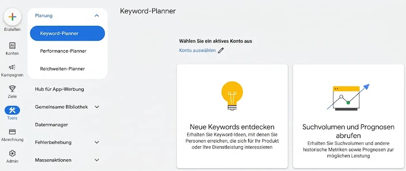 Google Keyword Planner-Dashboard mit Standortangabe in der Navigation