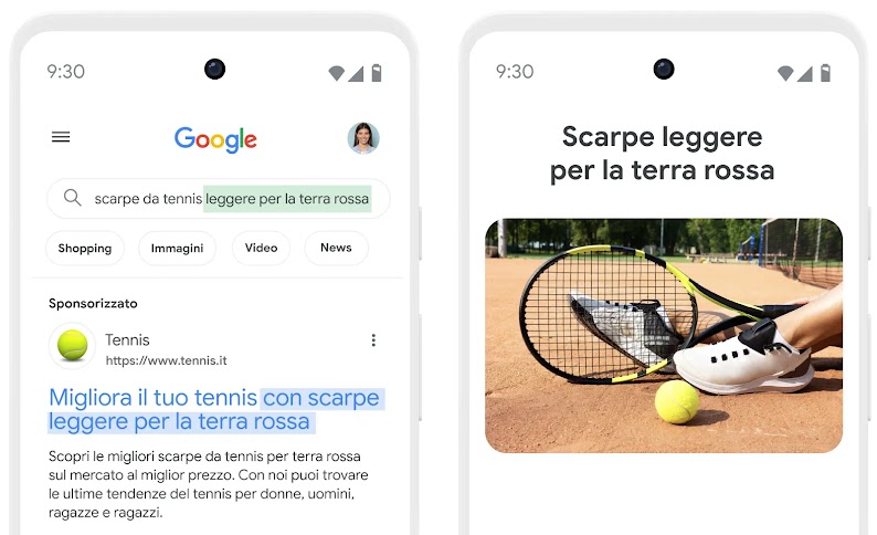 Migliora il tuo tennis con scarpe leggere"; a destra, una pagina titolata "Scarpe leggere per la terra rossa" con un tennista su campo in terra battuta.