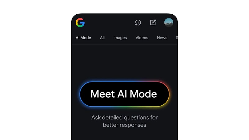 An image showing a phone screen against a white background, with words that say “Meet AI Mode” in the middle.