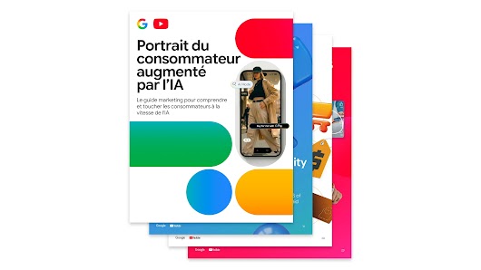 La couverture de "Portrait du consommateur augmenté par l’IA" comporte les logos Google et YouTube au-dessus du titre, et est décorée de formes de capsules dans les couleurs primaires.