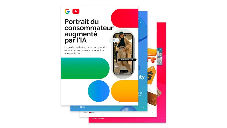 La couverture de Portrait du consommateur augmenté par l’IA comporte les logos Google et YouTube au-dessus du titre, et est décorée de formes de capsules dans les couleurs primaires.