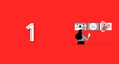 Fondo rojo con el número 1. Una mujer con cabello negro y lápiz en mano evalúa un guión gráfico con tres fotogramas. En la primera, un hombre llega a una cafetería. En el segundo, hay una hamburguesa. En la tercera, el hombre tiene la hamburguesa en la m