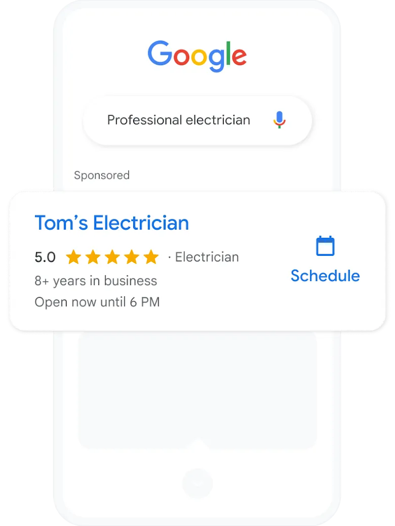 A local ad for an electrician, which includes a button to schedule a visit.
