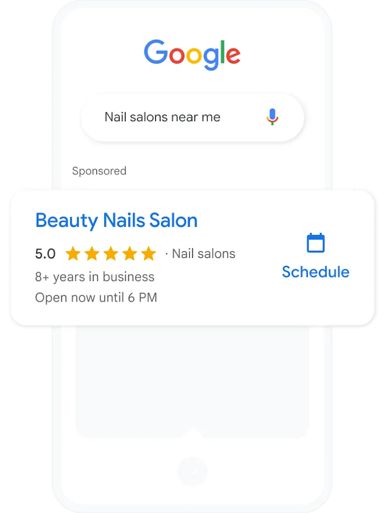 A search query and local services ad for nail salons nearby.