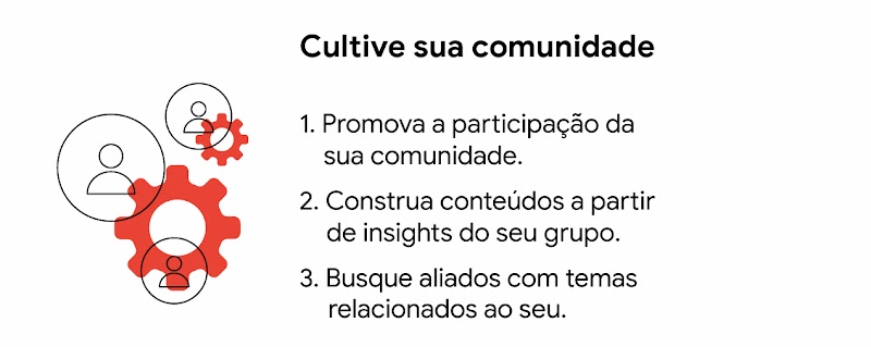 Cultive sua comunidade. 1- Promova a participação da sua comunidade. 2- Construa conteúdos a partir de insights do seu grupo. 3- Busque aliados com temas relacionados ao seu.