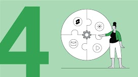 Die Grafik zeigt eine große vier auf der linken Seite und einen Frau vor mehreren Icons auf der rechten Seite. Die Grafk symbolisiert die Nutzung von Demand Gen.