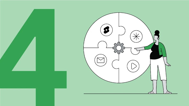 Die Grafik zeigt eine große vier auf der linken Seite und einen Frau vor mehreren Icons auf der rechten Seite. Die Grafk symbolisiert die Nutzung von Demand Gen.