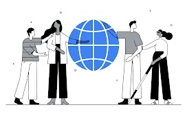 Imagen sobre diversidad cultural en España donde se ve a cuatro personas, un chico y una mujer a la izquierda, y un hombre y una mujer ciega con bastón a la derecha. Todos rodean una bola del mundo azul.